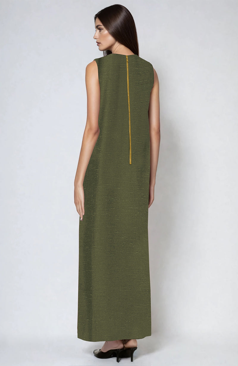 Olive Parsi Gara Embroidered Pure Linen Dress