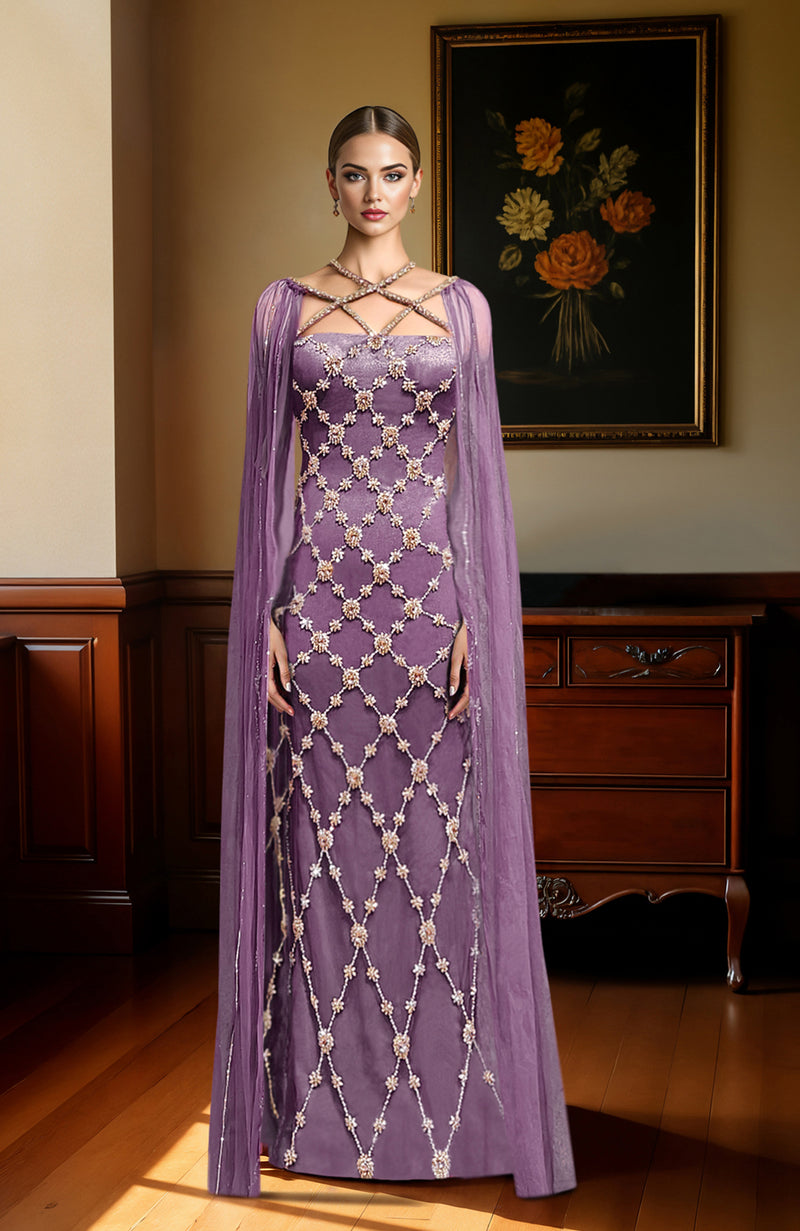 NAIRA-Mauve Crystal Hand Embroidered Gown With Cape