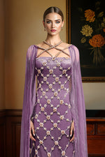 NAIRA-Mauve Crystal Hand Embroidered Gown With Cape