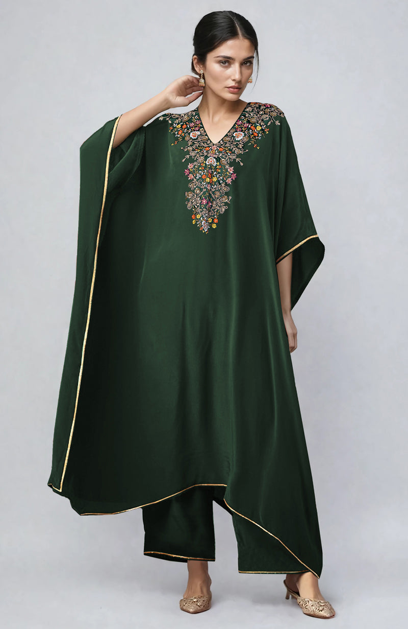 Talking Threads Bottle Green Marori & Resham Embroidered Kaftan Set