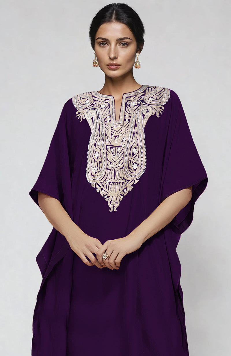 Plum  Paisley Resham Aari Embroidered Kaftan