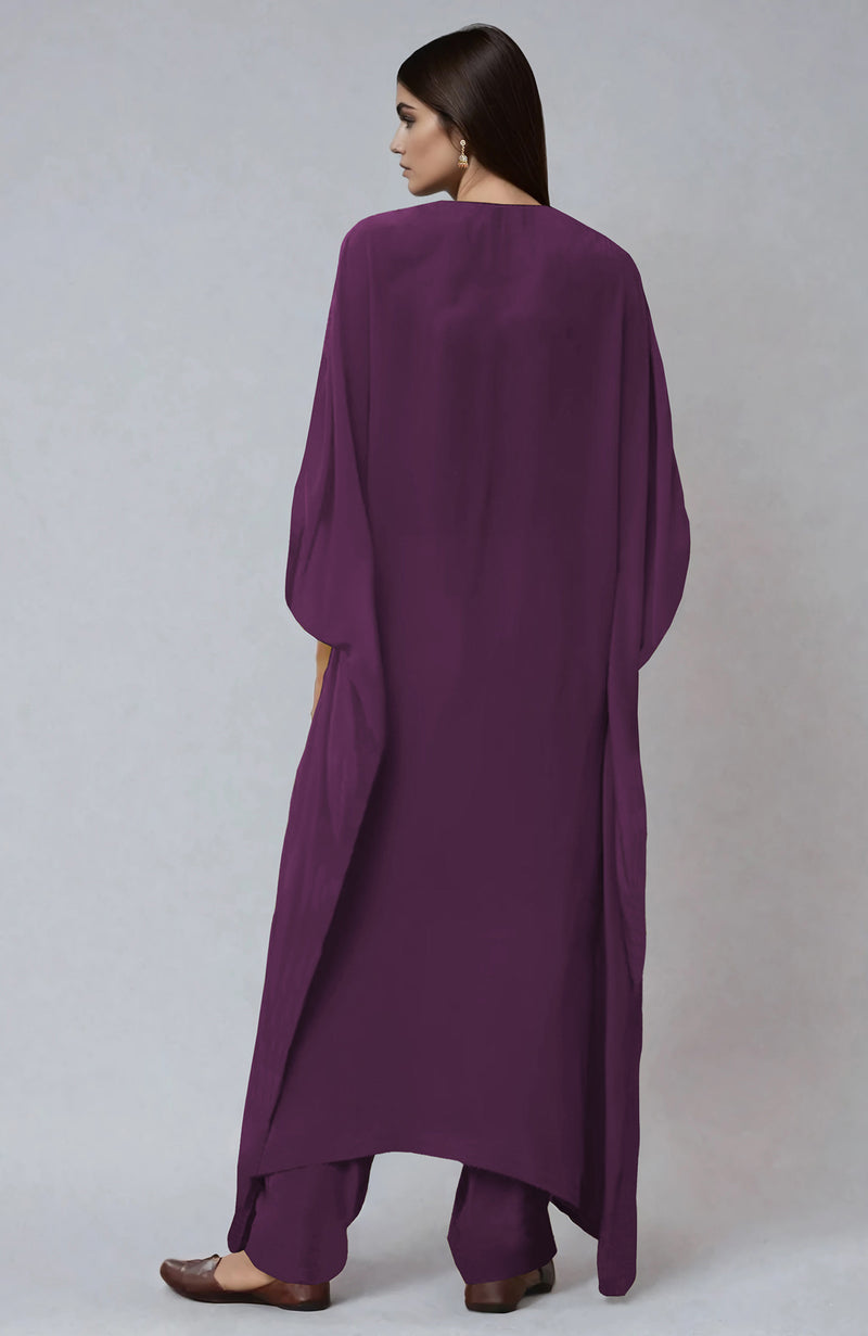 Burgundy Purple  Paisley Tilla Aari Embroidered Kaftan set