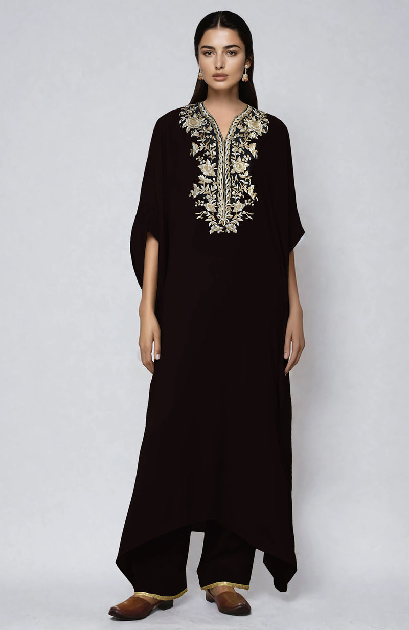 Black Floral Parsi Gara Embroidered Kaftan set