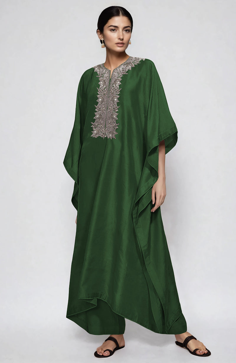 Emerald Green Kashmiri Tilla Embroidered Kaftan Set