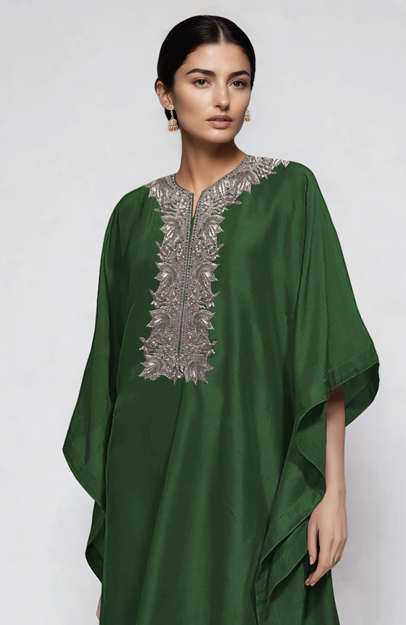 Emerald Green Kashmiri Tilla Embroidered Kaftan Set