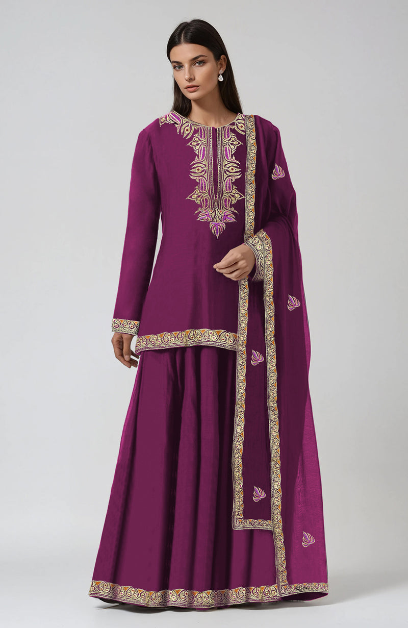Peacock Pink Kashmiri Tilla and Resham Embroidered Sharara Set