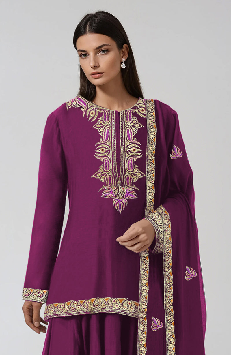 Peacock Pink Kashmiri Tilla and Resham Embroidered Sharara Set
