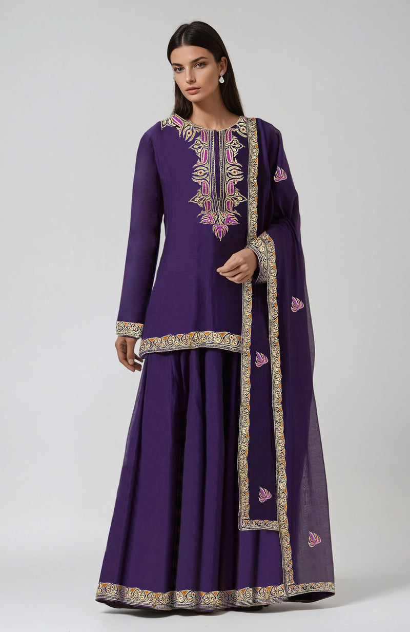 Indigo Purple Kashmiri Tilla and Resham Embroidered Sharara Set