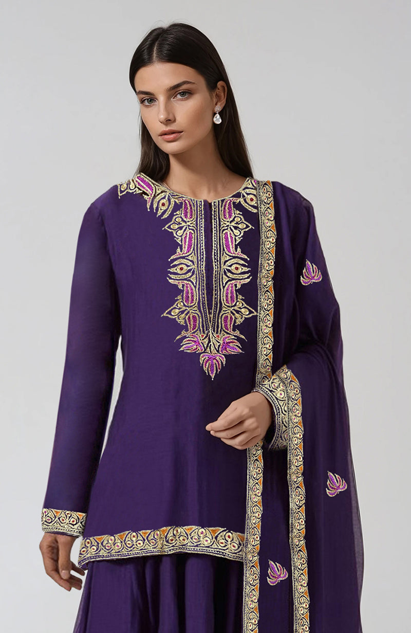 Indigo Purple Kashmiri Tilla and Resham Embroidered Sharara Set