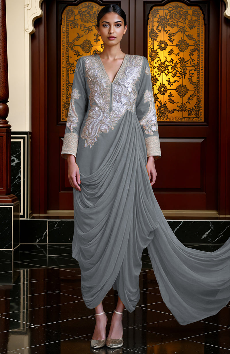 Slate Rose -Silver Embroidered Draped Skirt Set