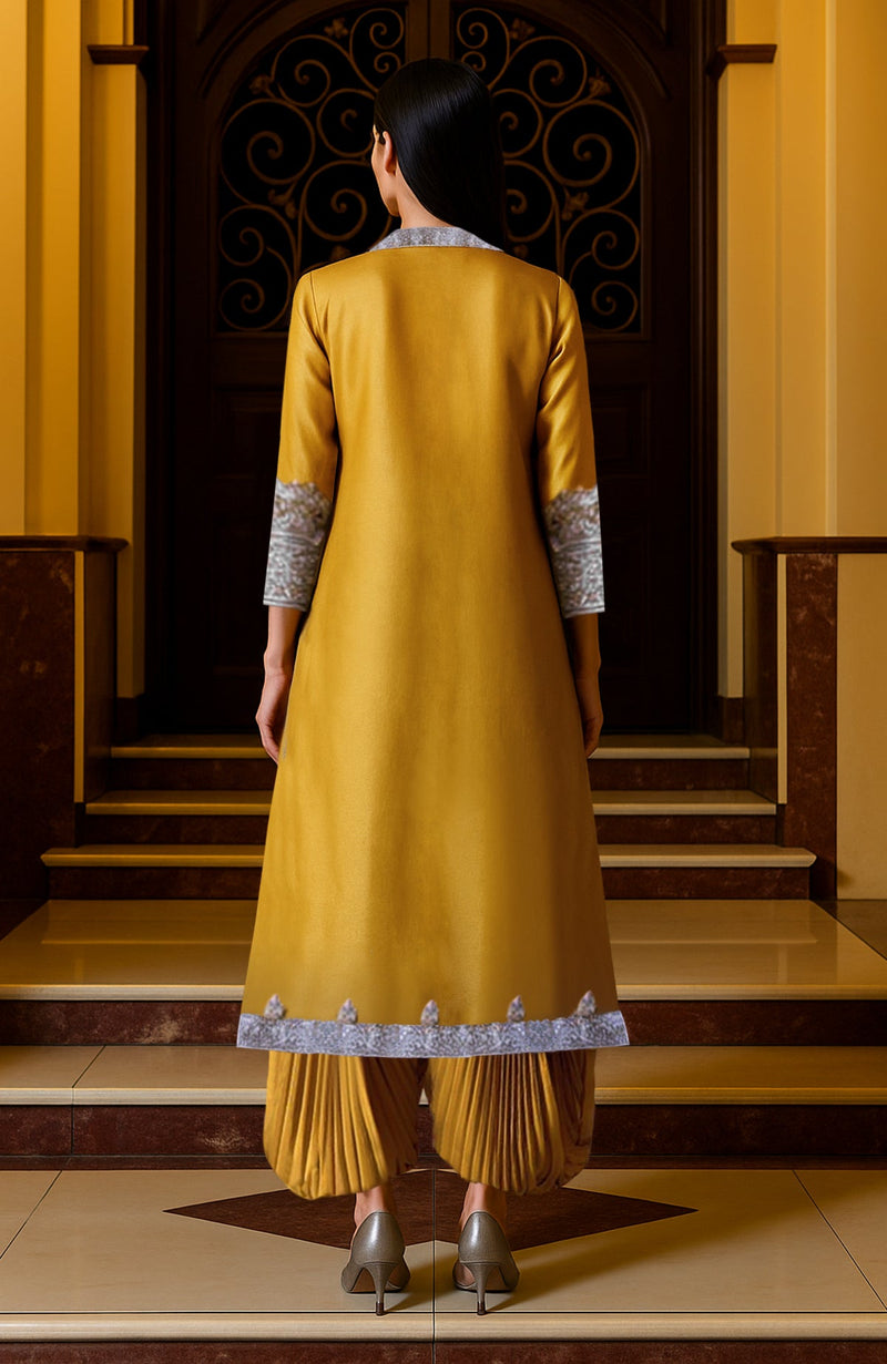 Mustard Yellow Embroidered Jacket Dhoti Set - Modern Ethnic – Talking ...
