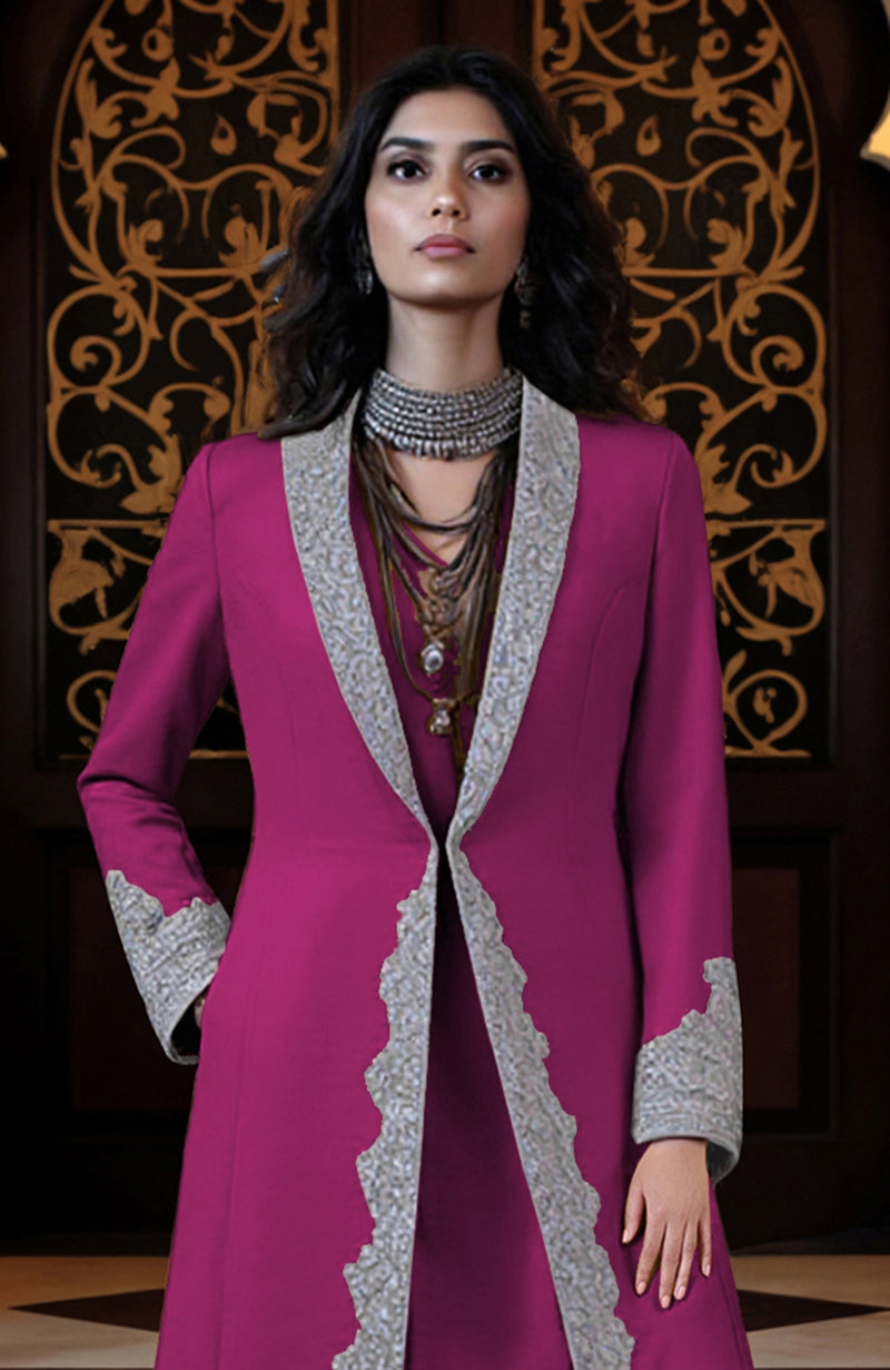 Pink Peacock Silver Embroidered Jacket and Dhoti Pants Set