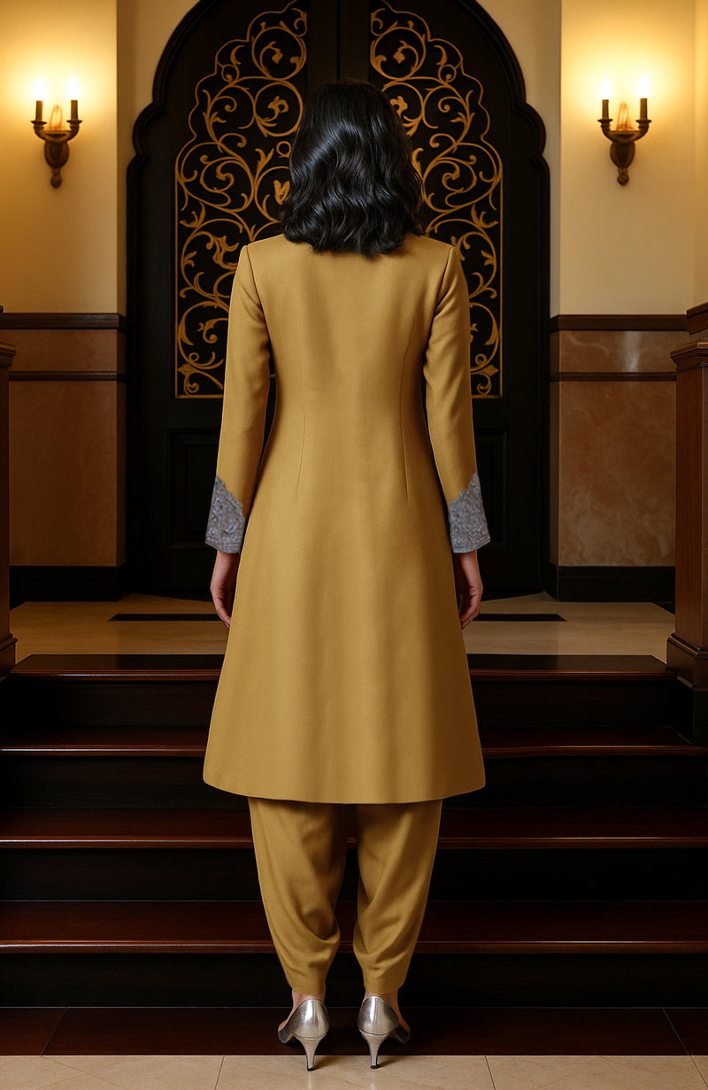Mustard Yellow Silver Embroidered Jacket and Dhoti Pants Set