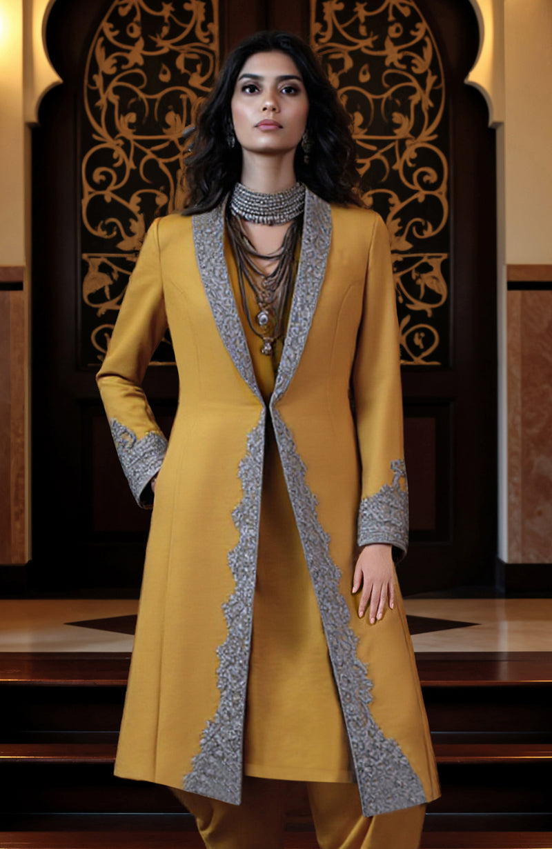 Mustard Yellow Silver Embroidered Jacket and Dhoti Pants Set