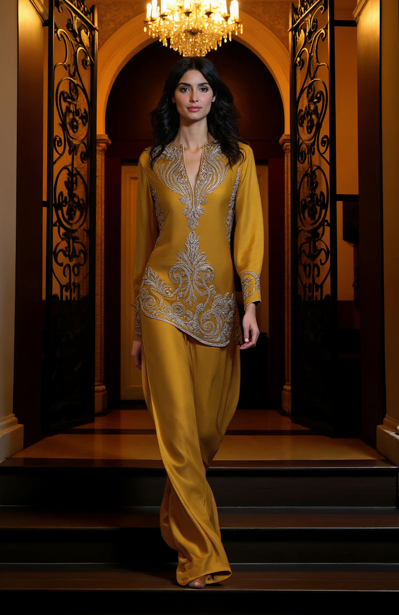 Mustard Gold Embroidered Tunic Set
