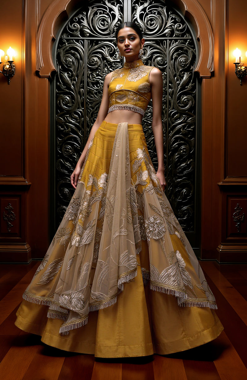 Mustard Gold Embroidered Lehenga Set