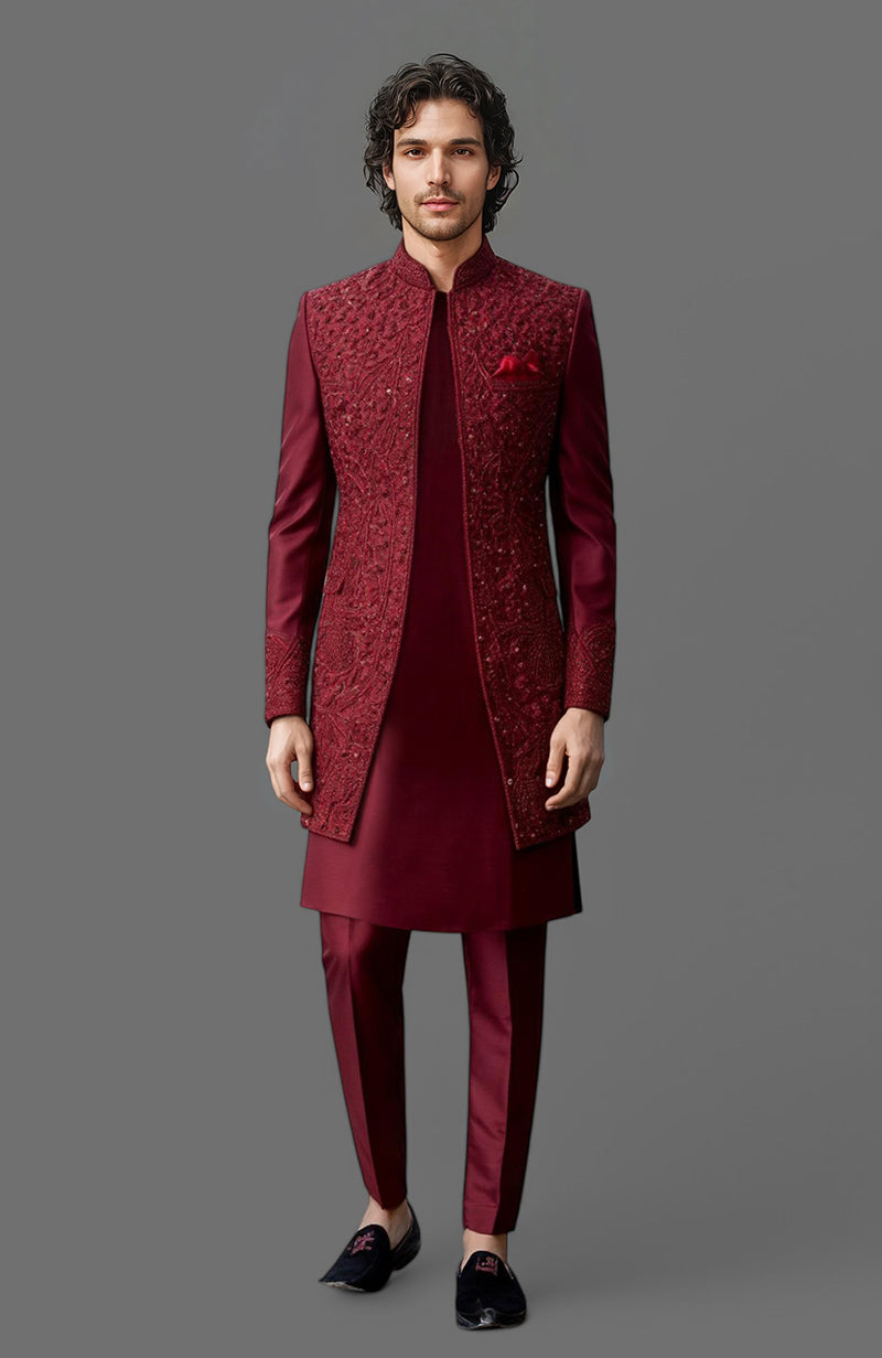 Maroon Embroidered Sherwani Jacket  Set