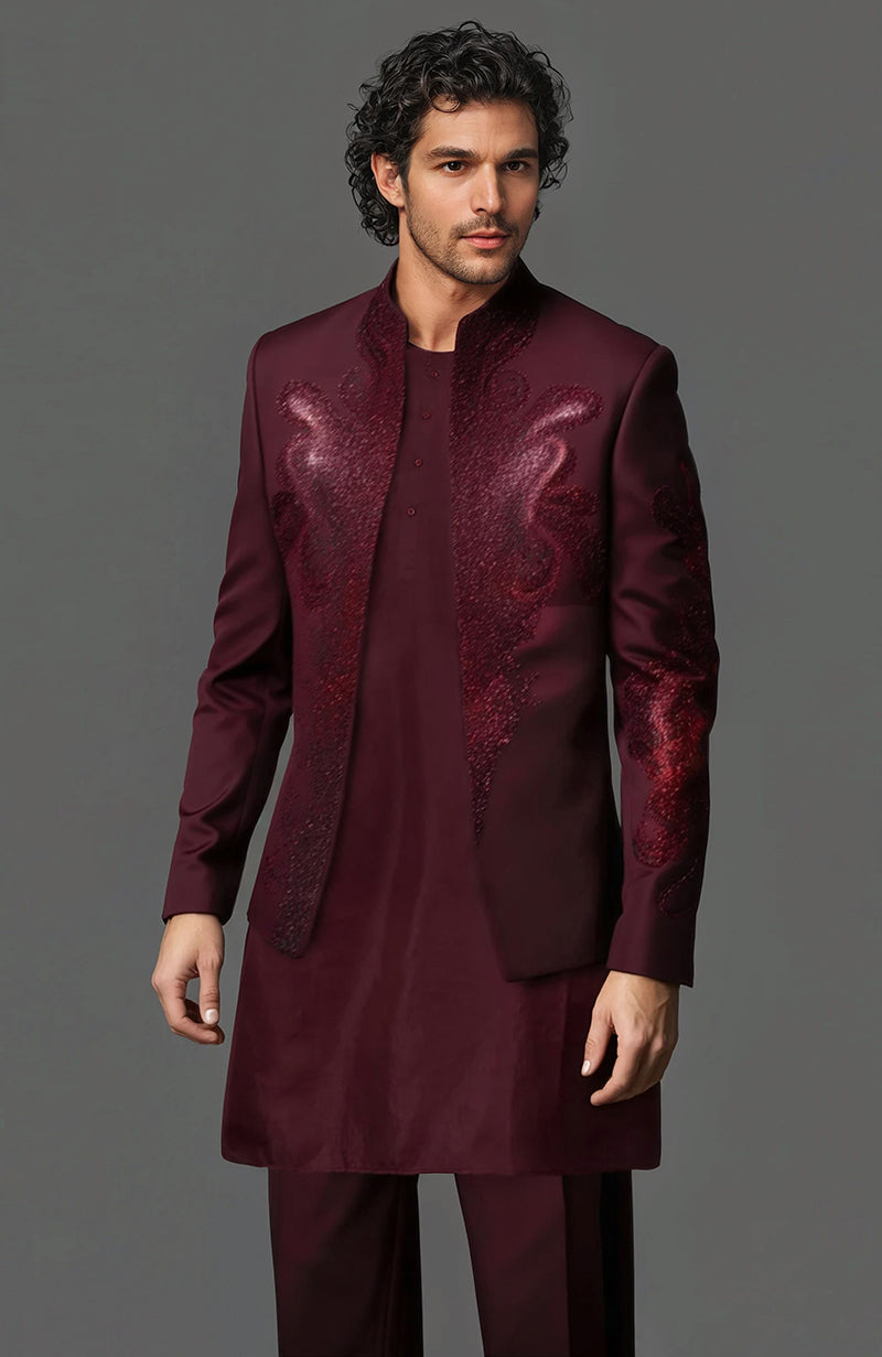 Burgundy Embroidered Jacket Set