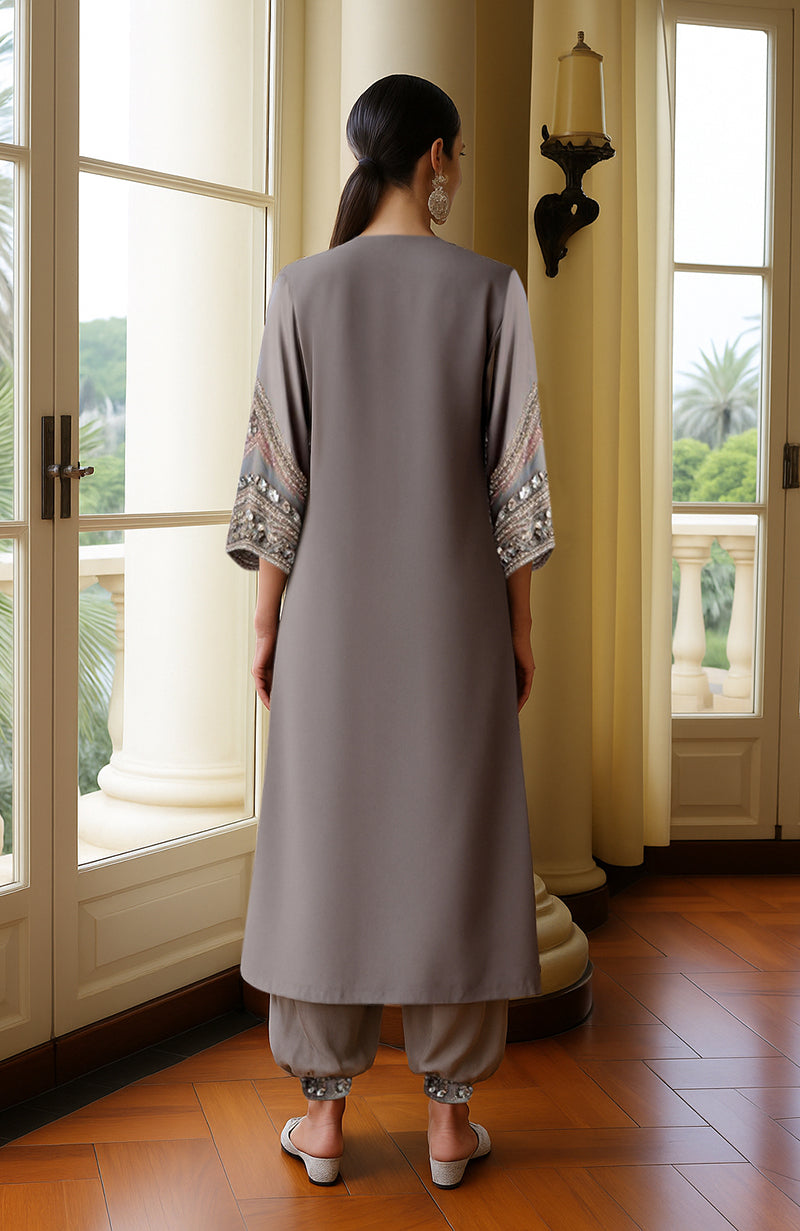Taupe Beads and Mirror Embroidered Kurta Set