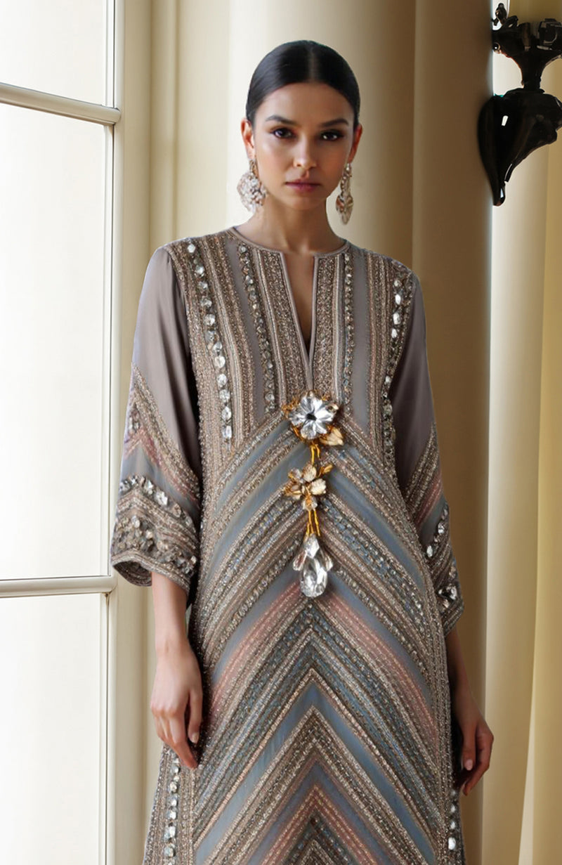 Taupe Beads and Mirror Embroidered Kurta Set