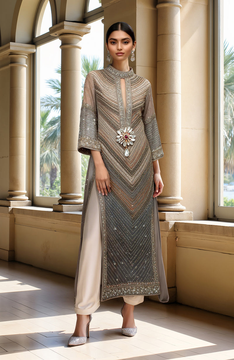 Grey- Beige Bead & Mirror Embroidered Kurta set