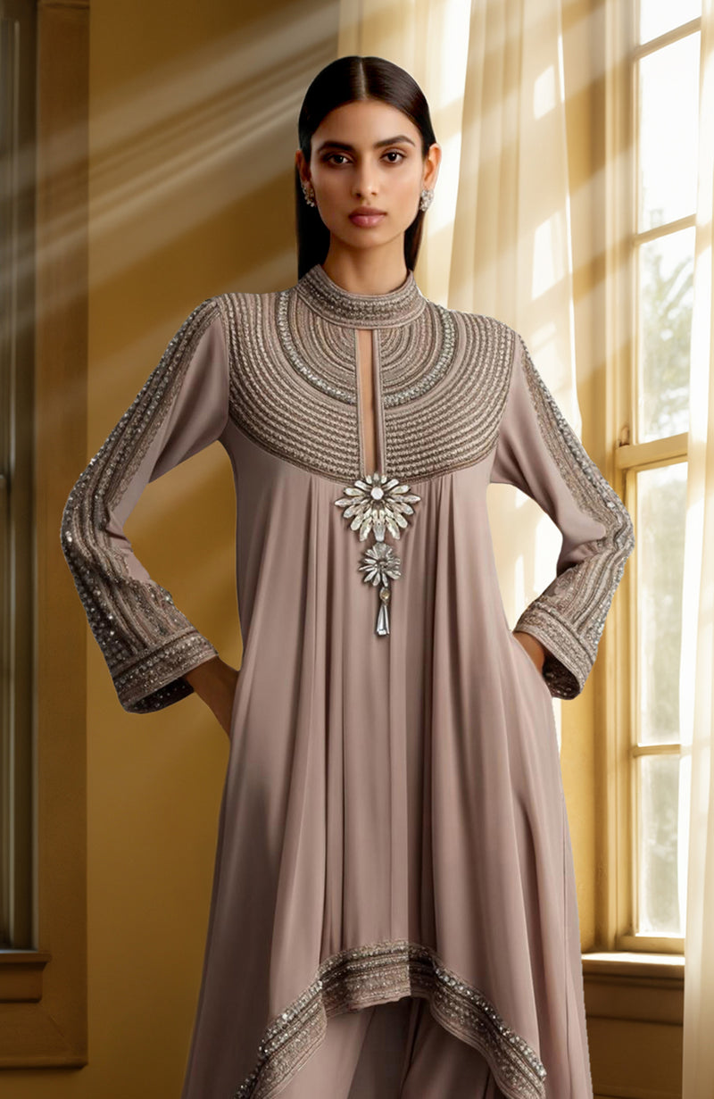 Taupe Lavender Bead and Sequin Embroidered Kurta set