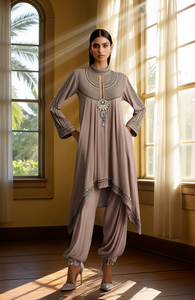 Taupe Lavender Bead and Sequin Embroidered Kurta set