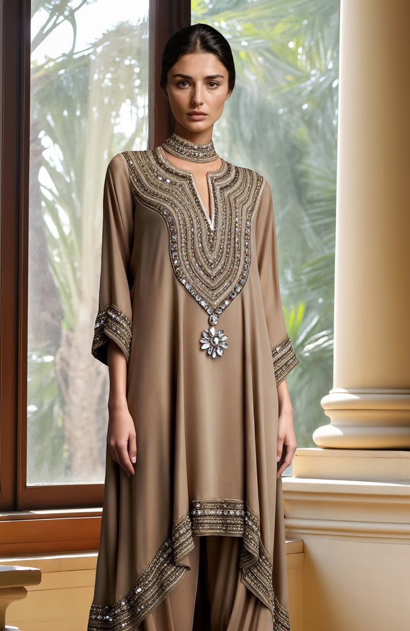 Taupe Beige Bead and Crystal Embroidered Kurta set
