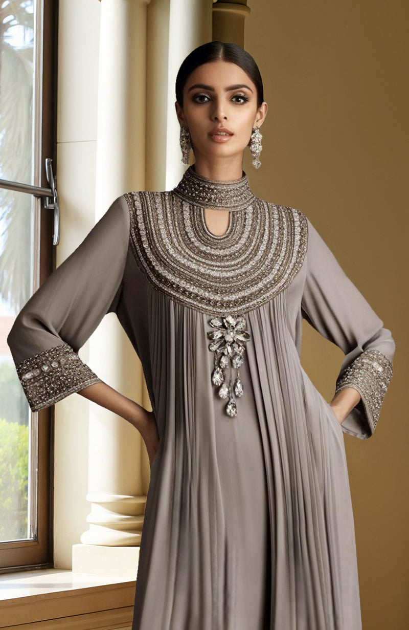 Taupe Grey Bead and Crystal Embroidered Kurta set