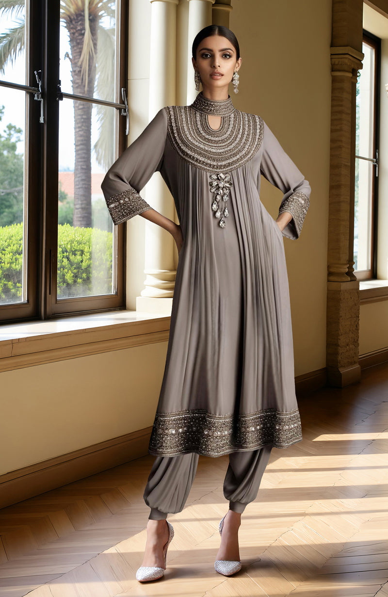 Taupe Grey Bead and Crystal Embroidered Kurta set