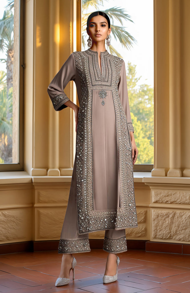 Taupe beige kurta set with intricate bead and crystal embroidery.
