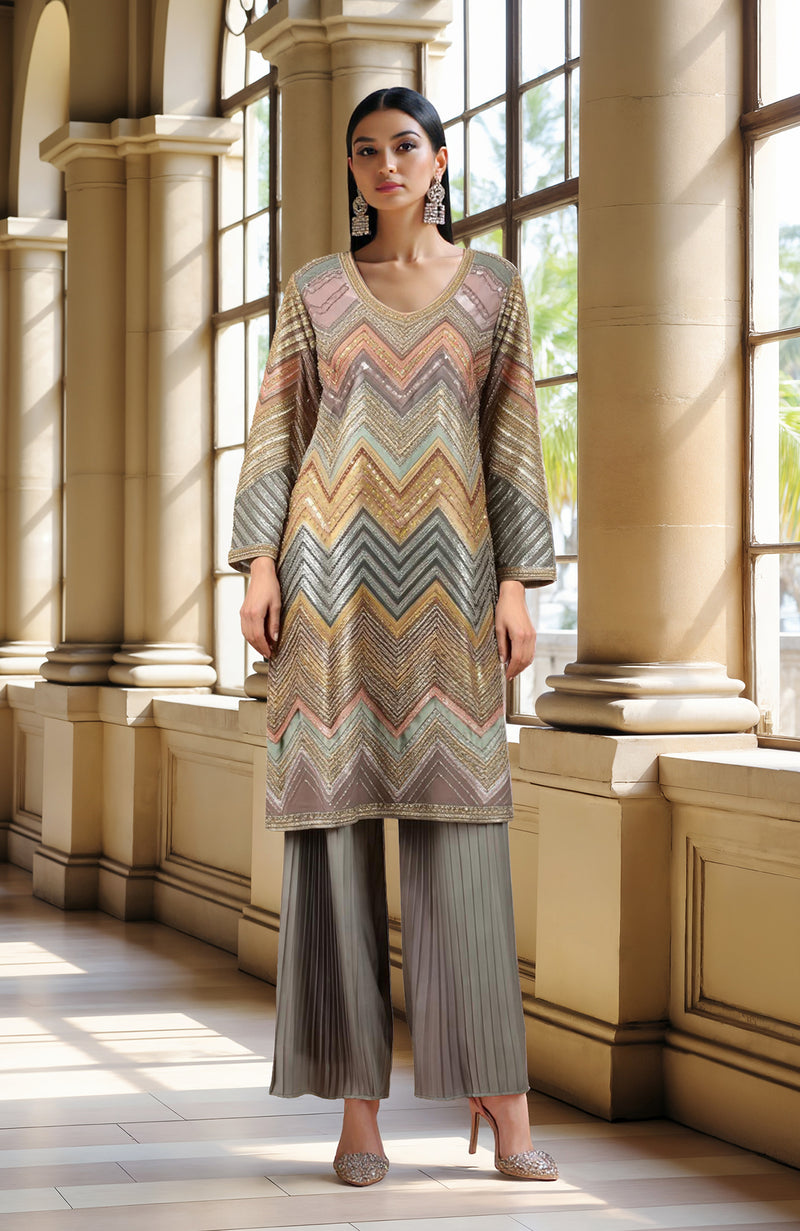 Grey- Sage Beads and Sequin Embroidered Tunic Kurta set