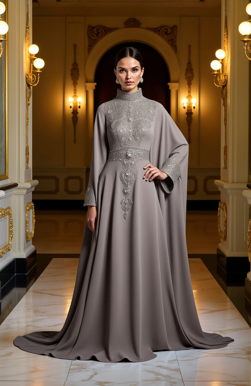Taupe Bead and Crystal Embroidered Gown