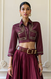 Wine Lehenga Set with Cropped Blouse and Metallic Gold Detailing
