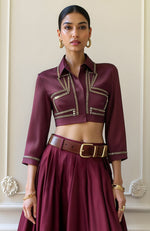 Wine Lehenga Set with Cropped Blouse and Metallic Gold Detailing