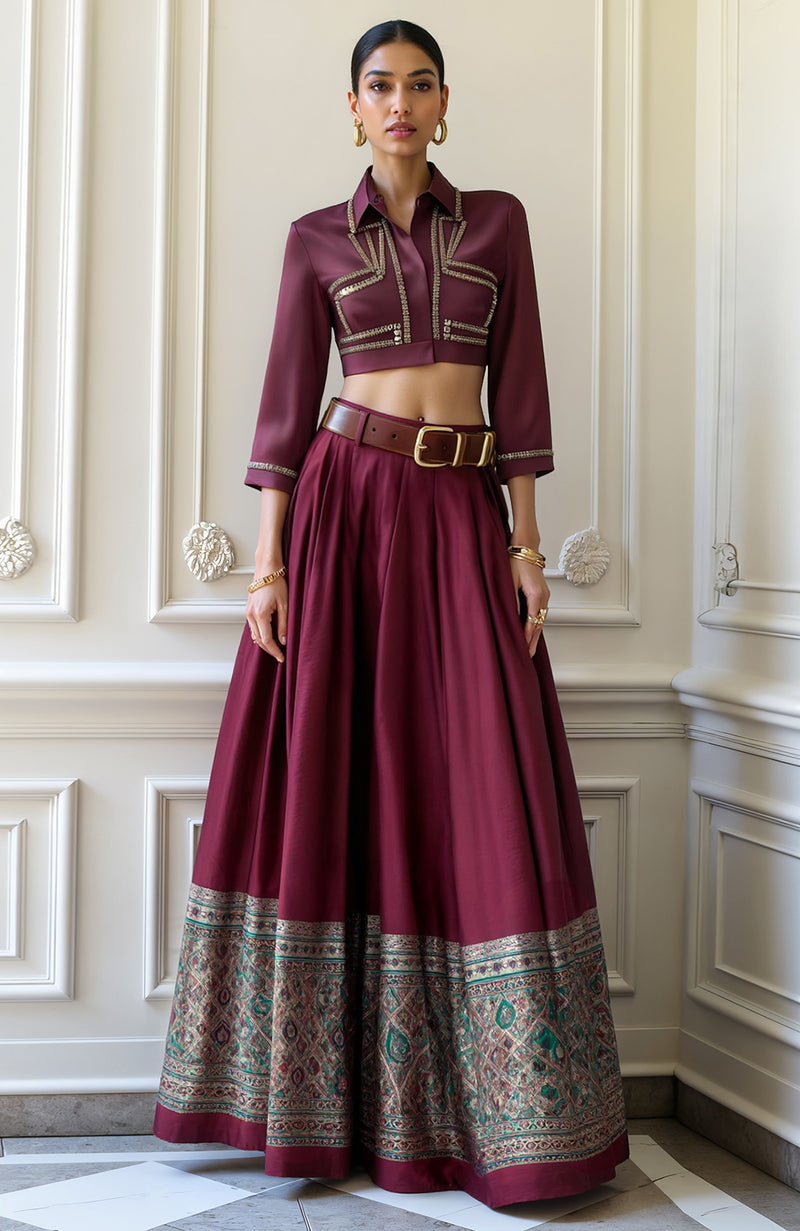 Wine Lehenga Set with Cropped Blouse and Metallic Gold Detailing
