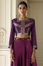 Plum Lehenga Set with Cropped Blouse and Metallic Gold Detailing