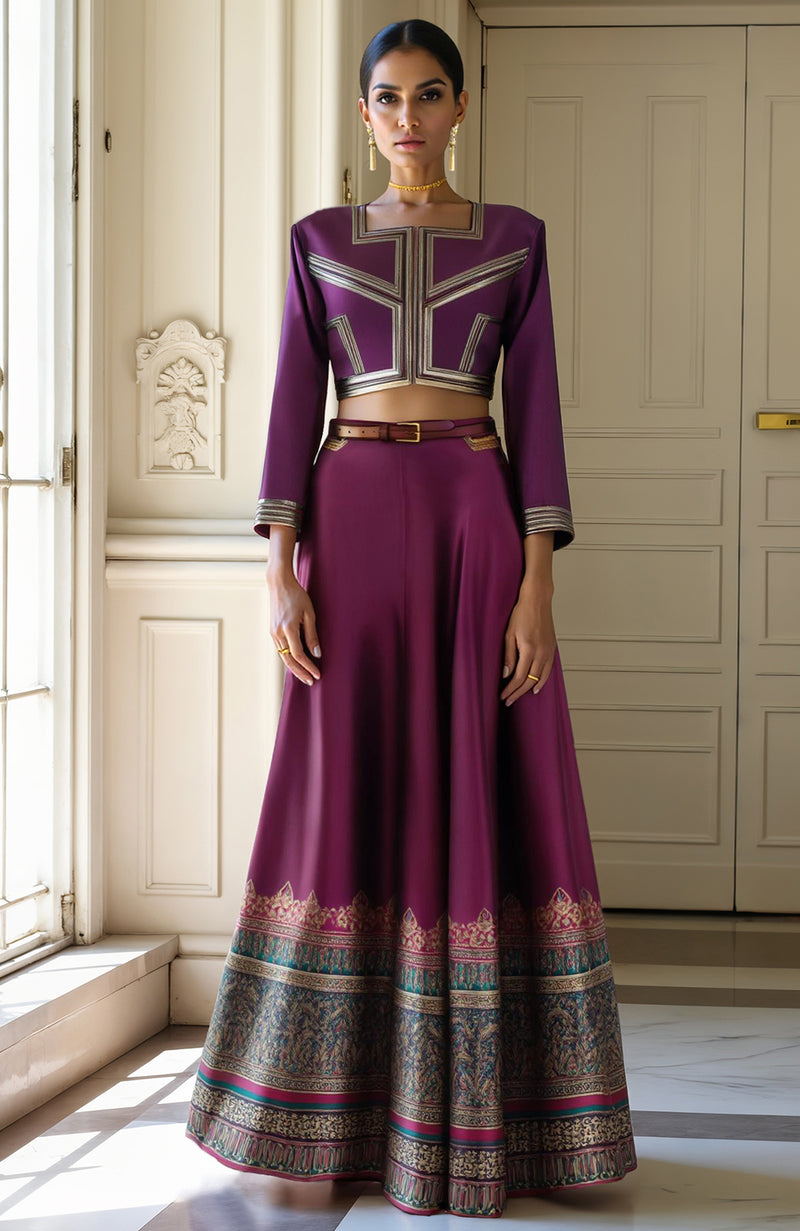Plum Lehenga Set with Cropped Blouse and Metallic Gold Detailing