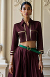 Maroon Lehenga Set with Cropped Blouse and Metallic Gold Detailing
