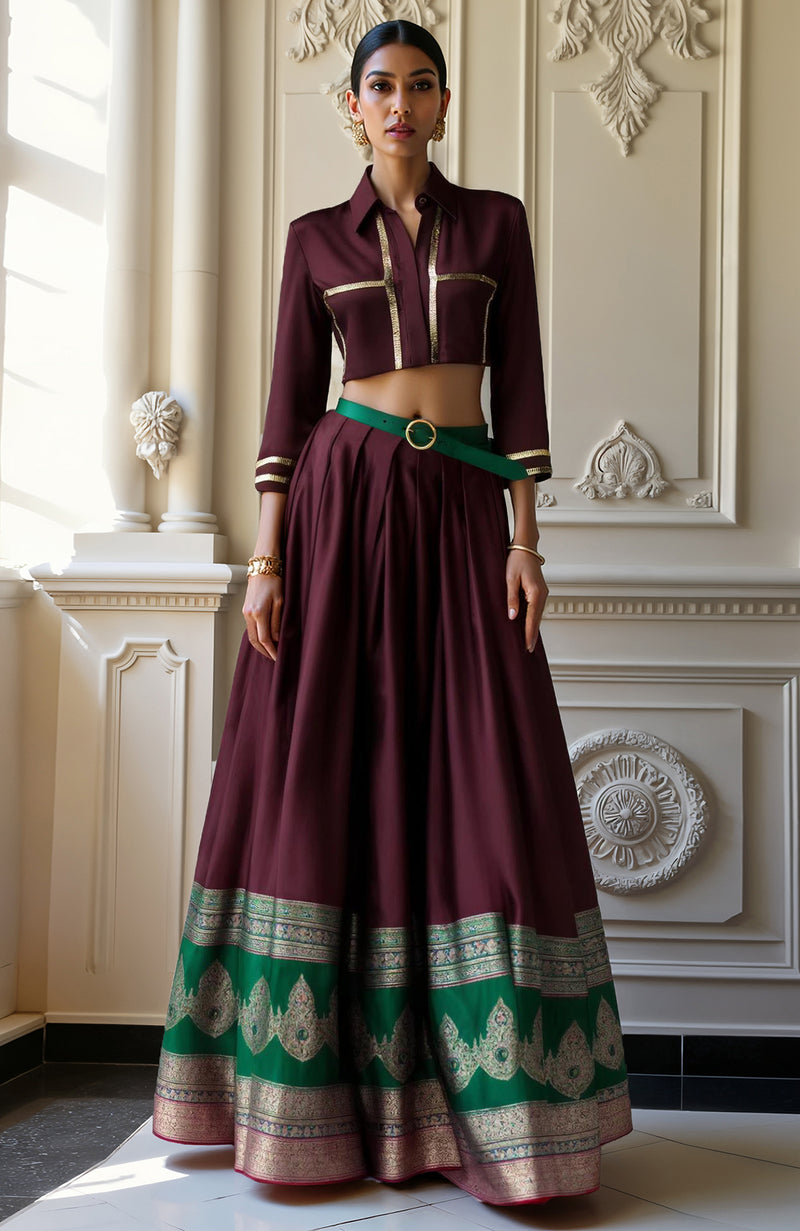 Maroon Lehenga Set with Cropped Blouse and Metallic Gold Detailing