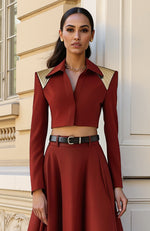 Rust Red Structured Cropped Blouse and Lehenga Set with Gold Accents