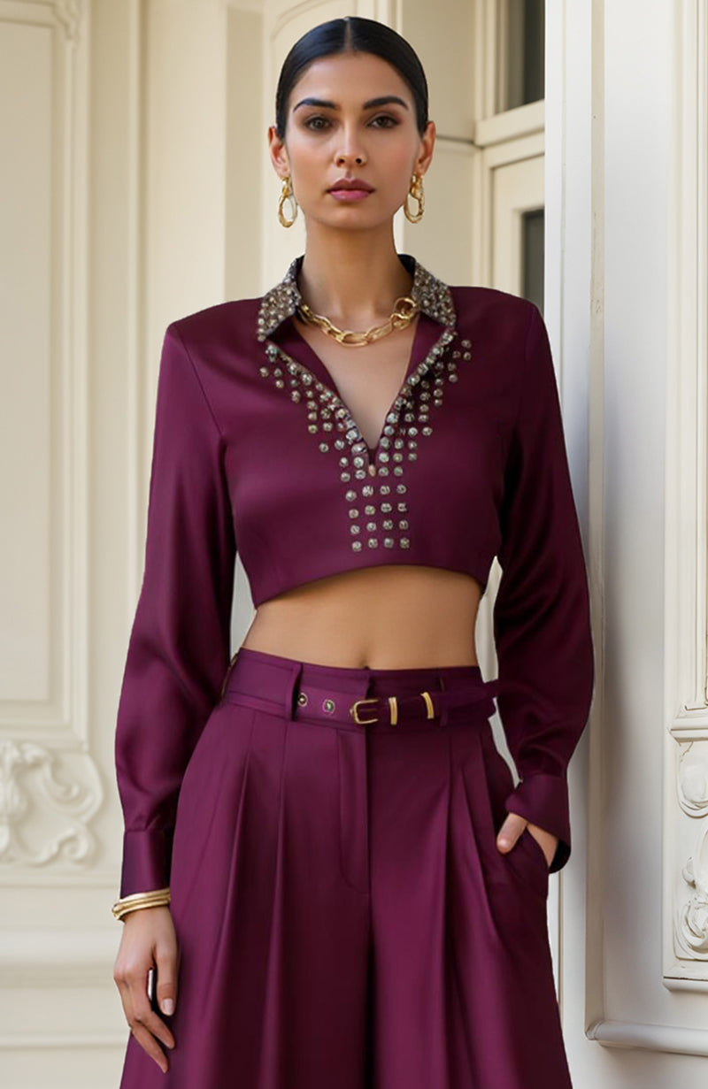 Plum Co-ord Set With Cropped Blouse and Palazzo Pants