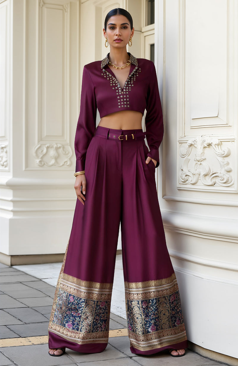 Plum Co-ord Set With Cropped Blouse and Palazzo Pants