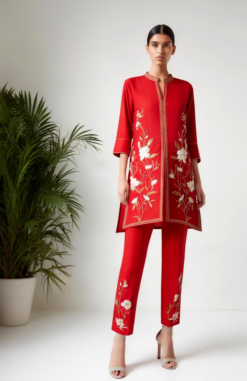 Poise Red Floral Embroidered Tunic & Trouser Set