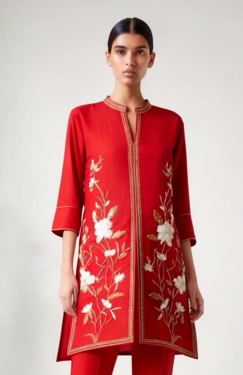 Poise Red Floral Embroidered Tunic & Trouser Set
