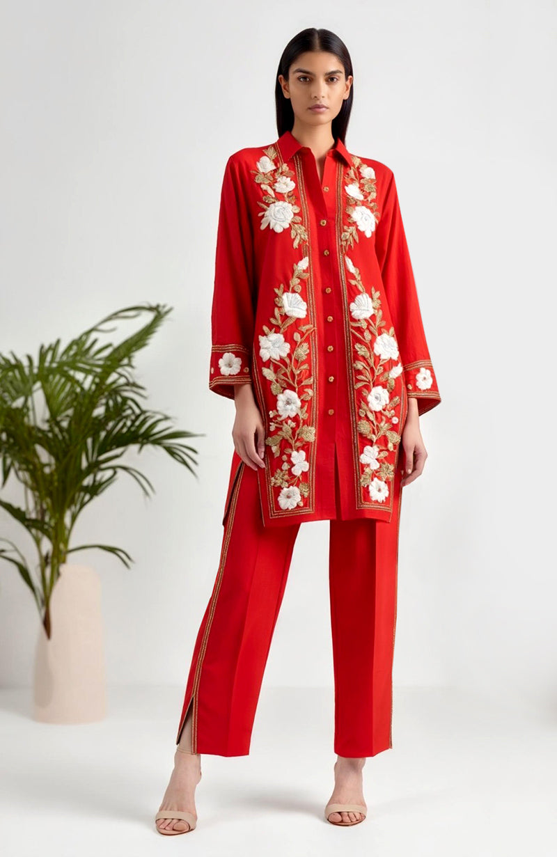 Poise Red Floral Embroidered Collared Tunic & Trouser Set