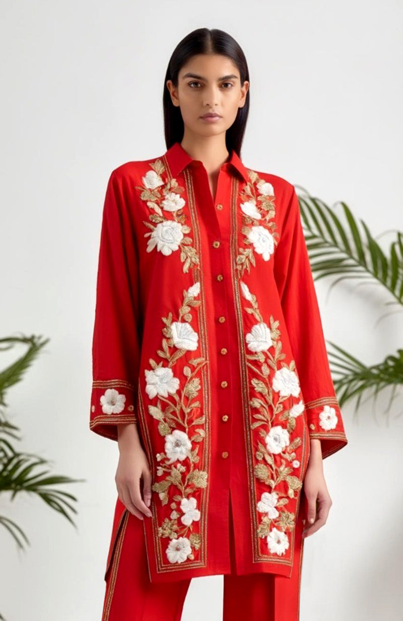 Poise Red Floral Embroidered Collared Tunic & Trouser Set