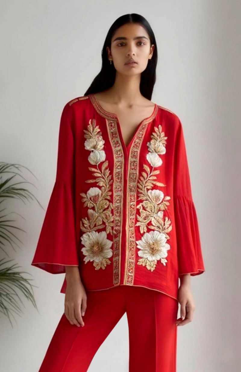 Poise Red Floral Embroidered Tunic with Flared Sleeve & Trouser Set