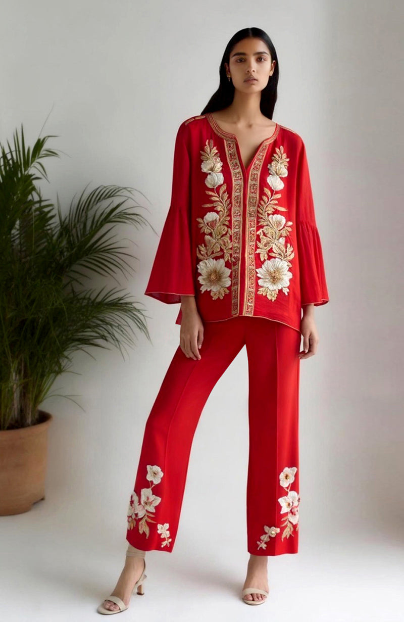 Poise Red Floral Embroidered Tunic with Flared Sleeve & Trouser Set