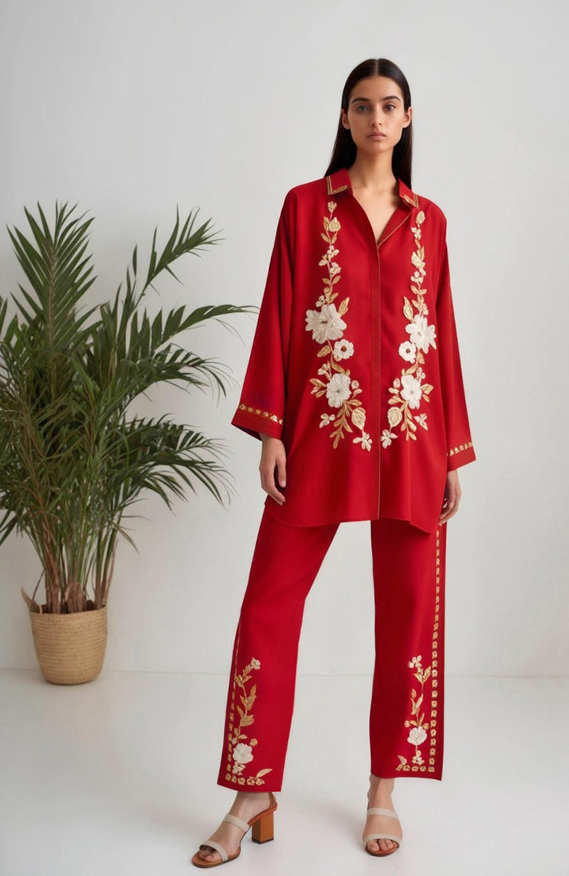 Poise Red Floral Embroidered Collared Tunic with Flared Sleeve & Trouser Set